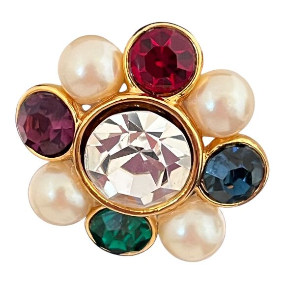 Vintage Designer Earrings Jewel Tone Crystals Gold Tone Simulated Pearls Clip 7N - Picture 3 of 4